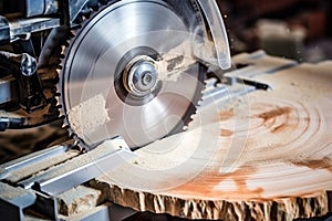 Silver circular saw cuts a wooden block in a carpenter workshop