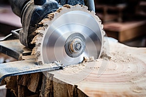 Silver circular saw cuts a wooden block in a carpenter workshop