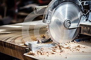 Silver circular saw cuts a wooden block in a carpenter workshop