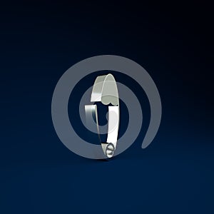 Silver Classic closed steel safety pin icon isolated on blue background. Minimalism concept. 3d illustration 3D render