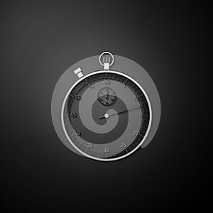 Silver Classic stopwatch icon isolated on black background. Timer icon. Chronometer sign. Long shadow style. Vector