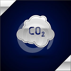 Silver CO2 emissions in cloud icon isolated on dark blue background. Carbon dioxide formula, smog pollution concept