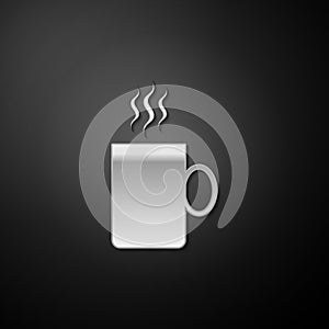 Silver Coffee cup flat icon isolated on black background. Tea cup. Hot drink coffee. Long shadow style. Vector