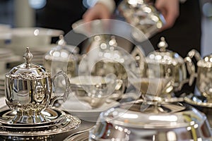 silver coffee service set on a buffet with a person serving in the background