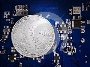 Bitcoin BTC, cryptocurrency currency, electronic card and microchip.