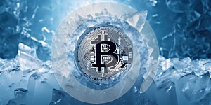 Silver coin of cryptocurrency bitcoin is freezing in the blue ice. Generative AI