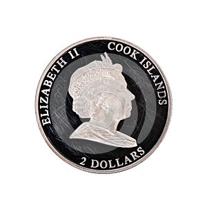 silver coin with a face value of 2 dollars on a white isolated background