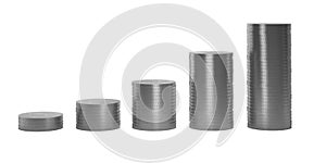 Silver Coins in columns in ascending order isolated on white background