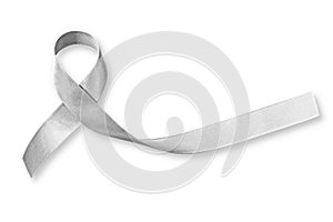 Silver color ribbon isolated on white background clipping path for Parkinson`s disease awareness and Brain cancer tumor illness