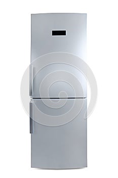 Silver colored closed fridge front view isolated with clipping p