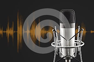 Silver colored condenser microphone on waveform background