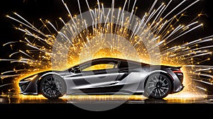 Silver colored supercar with fire sparkles in black background