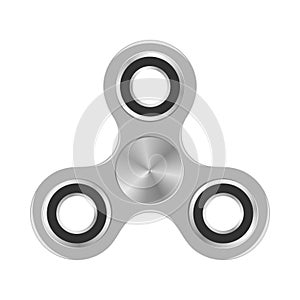 Silver colorful fidget spinner with silver bearings on a white background. Modern children`s hand spinning toy