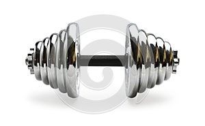 Silver coloured shiny metal dumbbell isolated over white background