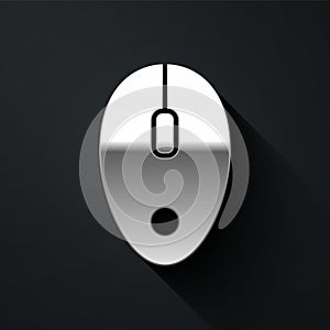 Silver Computer mouse icon isolated on black background. Optical with wheel symbol. Long shadow style. Vector