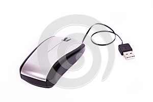Silver computer mouse with a thin cord