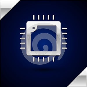 Silver Computer processor with microcircuits CPU icon isolated on dark blue background. Chip or cpu with circuit board