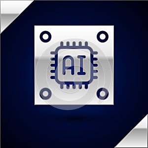 Silver Computer processor with microcircuits CPU icon isolated on dark blue background. Chip or cpu with circuit board