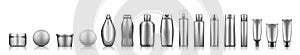 Silver cosmetic bottles mockups on white background: lotion, cream, shampoo, shower gel