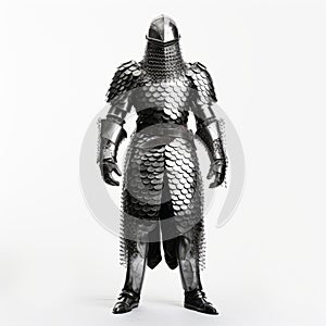 Silver Costumed Knight In Chainmail Armor On White Background