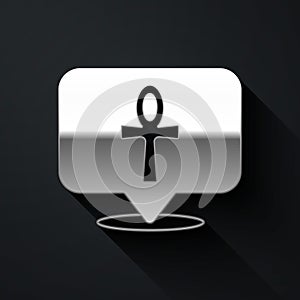 Silver Cross ankh icon isolated on black background. Egyptian word for life or symbol of immortality. Long shadow style