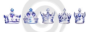 Silver Crown Set, Isolated On White. Diffirent Watercolor Crowns Collection