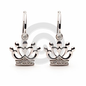 Silver Crown Shaped Earrings On White Background - Neoclassicist Style