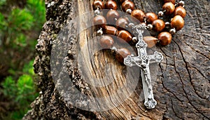 Silver Crucifix and a Rosary Beads on a Tree Trunk - Generative Ai