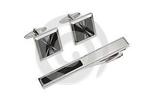Silver cuff link and tie pin