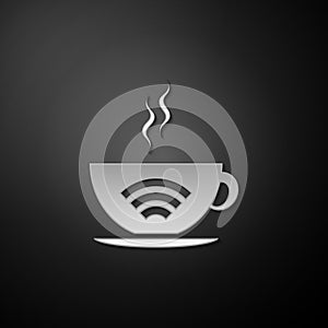 Silver Cup of coffee shop with free wifi zone icon isolated on black background. Internet connection placard. Long