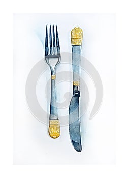 Cutlery, fork and knive. Watercolour drawing.