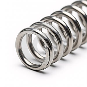 A silver cylindrical metal spring with flat ends, isolated on a white