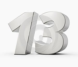 Silver 3d numbers 13 Thirteen. Isolated white background 3d illustration