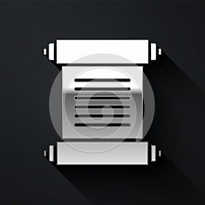 Silver Decree, paper, parchment, scroll icon icon isolated on black background. Long shadow style. Vector