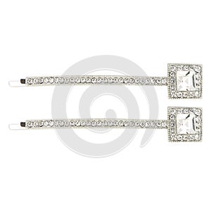 Silver diamond hair clips on white background