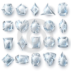 Silver diamonds gems, cutting stones jewellery vector set isolated on white background