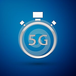 Silver Digital speed meter concept with 5G icon isolated on blue background. Global network high speed connection data