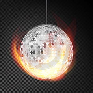 Silver Disco Ball In Fire Vector Realistic. Burning Dance Night Club