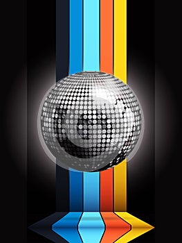 Silver disco ball on multicoloured stripes over black