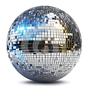 Silver disco mirror ball with blue and gold reflections