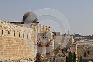 The silver dome mosque and antiquities view from the entrance to the western wall at jerusalem