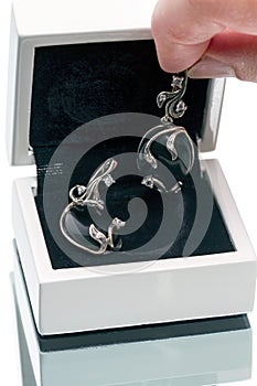 Silver earrings with black agate in a box