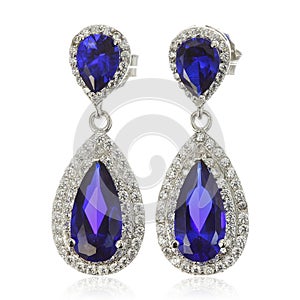 Silver earrings with sapphire on white