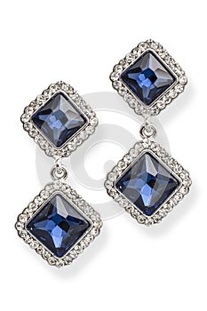 Silver earrings with sapphires isolated on white