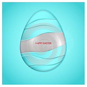 Silver Easter egg and aqua color waves on blue background. Greeting text Happy Easter. 3d card. Minimalist design with simo