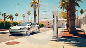 Silver electric car awaits its charge in a sunny parking lot flanked by palm trees