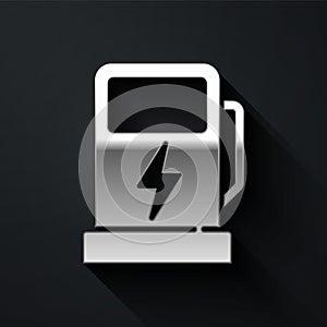 Silver Electric car charging station icon isolated on black background. Eco electric fuel pump sign. Long shadow style
