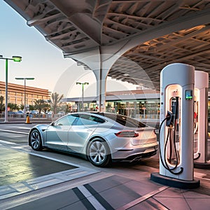 Silver electric car charging at a station with a modern canopy design during twilight