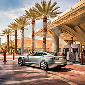 Silver electric vehicle parked at a charging station under a solar panel canopy surrounded by palm trees