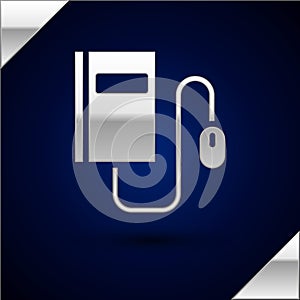 Silver Electronic book with mouse icon isolated on dark blue background. Online education concept. E-book badge icon